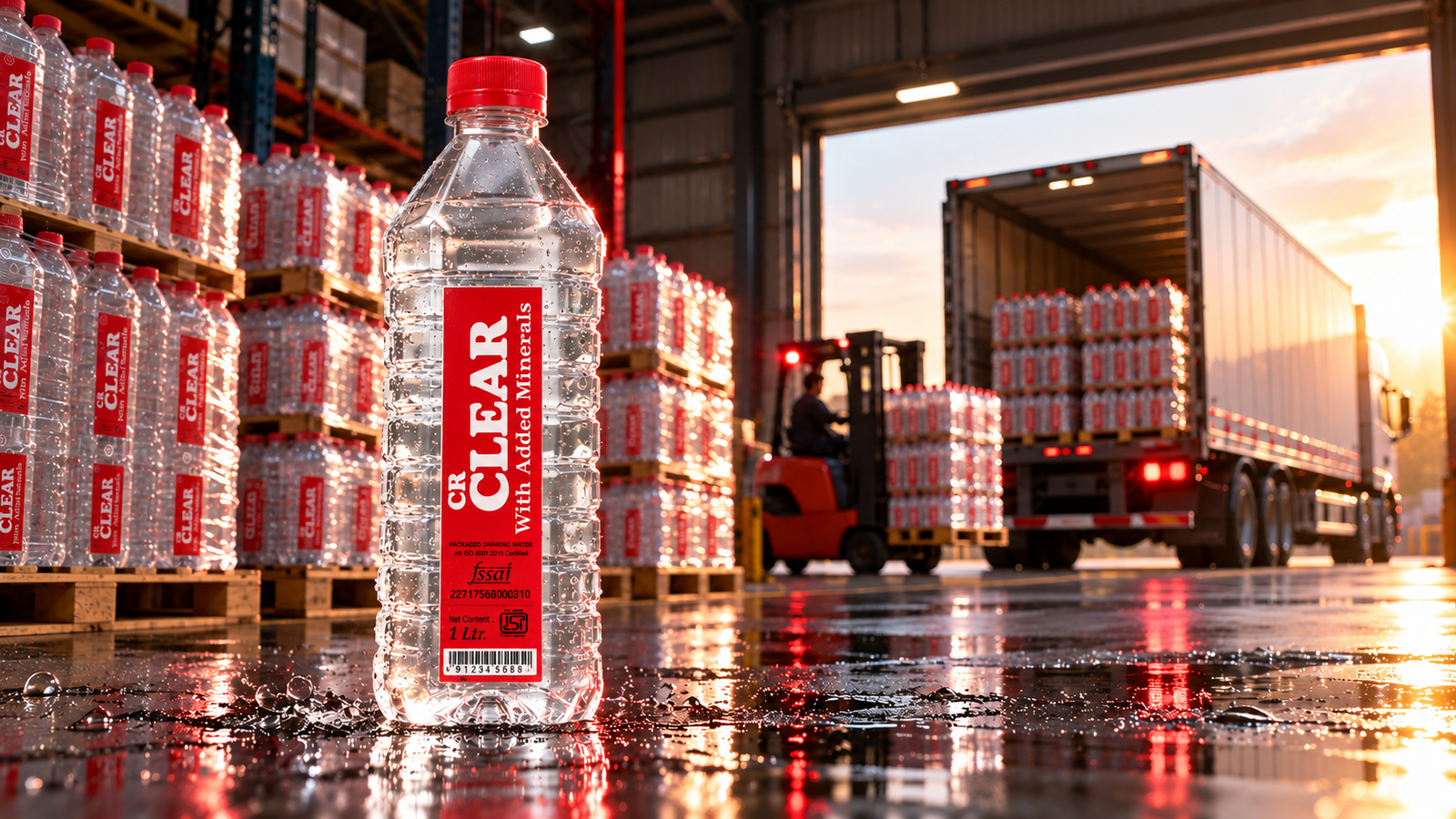 CR clear warehouse loading dock with forklift loading water pallets and commercial delivery truck